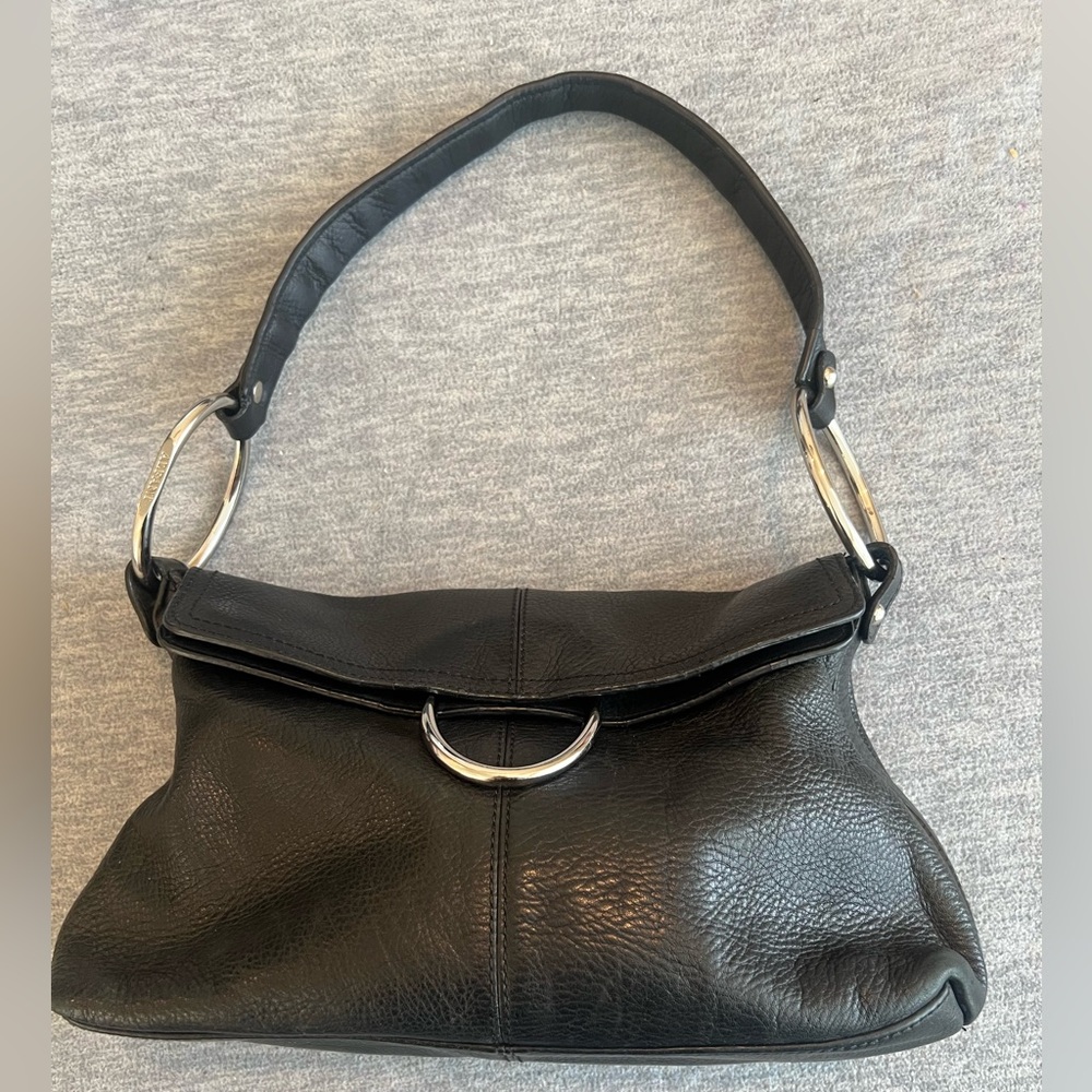 Alfani Women’s Black Leather Shoulder Handbag magnetic snap classic neutral